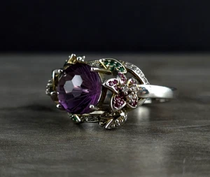 Anello zirconi viola 20,0 mm fiori bigiotteria - favoloso ed eccezionale - Foto 1 di 12