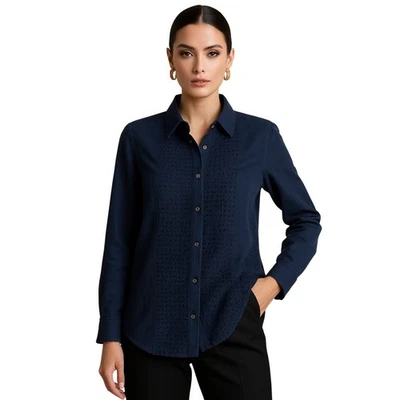Navy Linen Eyelet Button Down Shirt Classic Minimalist Chic Quiet Luxury M - Image 1 of 4