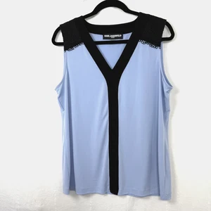Karl Lagerfeld Paris ärmellose Bluse Damen Gr. L blau schwarz Häkel V-Ausschnitt - Bild 1 von 10