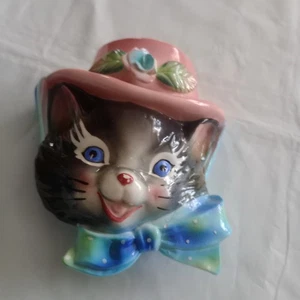 Norcrest Gray Kitty Cat Blue Bow Wall Pocket 1950s Japan Planter BROKEN FLAWED - Picture 1 of 9
