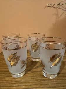 Set Of 4 VTG Libbey Frosted Gold Leaf Tumbler 5.25” Gold Rim MCM VG/EC - Picture 1 of 11