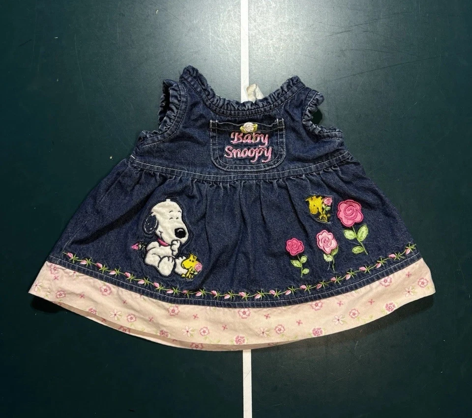 Vestido Mono Jean Floral Denim Vintage Bebé Snoopy Niña Infante 6/9 Meses Raro Foto 1 de 4