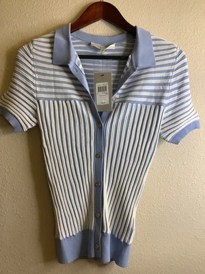 NWT Ladies Guess Brand SS Button Up Cardigan Size M Whimsical Blue Stripe - Image 1 of 4
