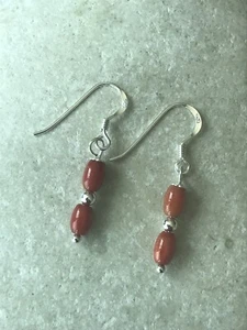 Red Bamboo Coral Small Barrels Earrings 925 Sterling Silver Gift Bag - Free P&P - Picture 1 of 5
