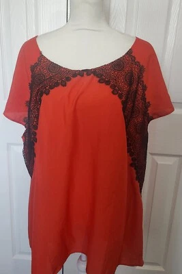 Lane Bryant Red lighweight short sleeve top with black lace accent size 26/28 - Image 1 of 4