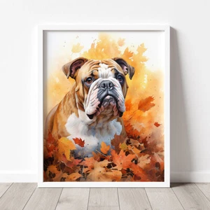 English Bulldog in Autumn Print, Modern Watercolour Dog Painting, Pet Portrait - Picture 1 of 9