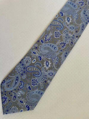 Corbata de cachemira hecha a mano Geoffrey Beene seda azul blanco azul marino Foto 1 de 3