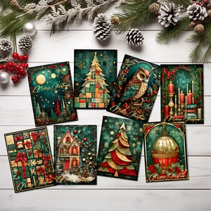 8 Emerald Green, Red & Gold Christmas Card Toppers Card Making Tags - Picture 1 of 2