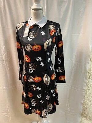Halloween Pumpkin Dress White Collar Medium Wednesday Addams Ghosts Long Sleeve - Image 1 of 4