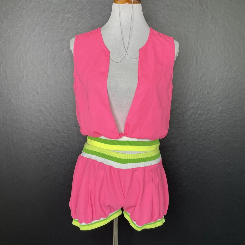 Mujer Y2k Conjunto Corto 2 Piezas Mediano Rosa Neón Acanalado Sin Mangas Top Plisado Foto 1 de 4