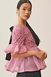 ANTHROPOLOGIE MAEVE BLUSA MUÑECA BEBÉ ESTRÁS TRANSPARENTE MANGA CORTA TOP ROSA M - Imagen 1 de 6