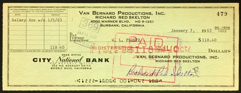 1963 Red Skelton Vintage Signed Cheque Autographed Bank Check TV Show Celebrity Cover
