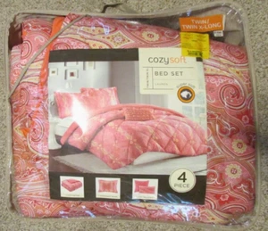 Juego de cama completo de 4 piezas edredón LAUREN Twin/Twin XL FUSHIA ROSA MANDARINA - Imagen 1 de 16
