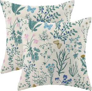 Spring Pillow Covers 18X18 Inch Set of 2,Blue Teal Wild Flower Plant Throw Pillo - Picture 1 of 12