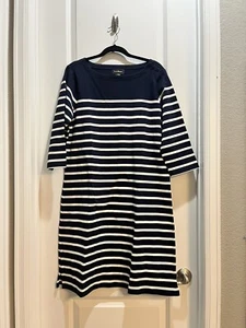 LL Bean Navy Blue Striped T-shirt Dress 3/4 Sleeves Large Armpit To Armpit 22” - Picture 1 of 6