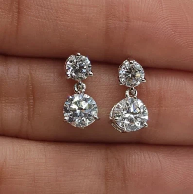 5 Ct Treated Certified Off White Diamond Solitaire Dangler Earrings, 925 Silver - Image 1 of 4