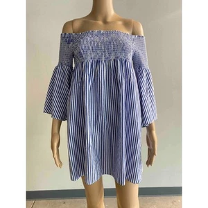 Zara Striped Off Shoulder Bell Sleeve Mini Dress Blue White S - Picture 1 of 6