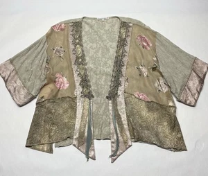 VTG Pink Gold Floral Burnout Lace Patchwork Kimono Cardigan Size XL Boho Cottage - Picture 1 of 24