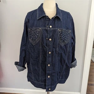 NEW Women's Quaker Factory Heart Sequin Rhinestone Denim Jacket 1X Cotton - Picture 1 of 4