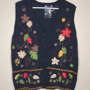 Holiday Editions schwarze Strickweste mit Herbstlaub Applikationen - L - Neu mit Etikett - Bild 1 von 8