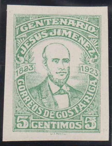COSTA RICA 1923 JESUS JIMENEZ UNADOPTED ESSAY 5 Cents GREEN ON WHITE IMPERF VF - Image 1 of 1