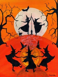 OrIgInAl FoLk ART HallOwEEn WiTcH SpElls DaNcE BaT CaT PuMpKiN MooN BrOOm PrInT - Picture 1 of 3