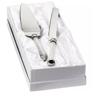 Wedding Knife and Cake Server Set Silver Metal Top Grade Crystals Flatware Table - Picture 1 of 8
