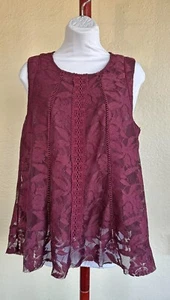 Xhilaration Women's Burgundy Embroidered Lace Overlay Sleeveless Swing Top XL - Picture 1 of 12