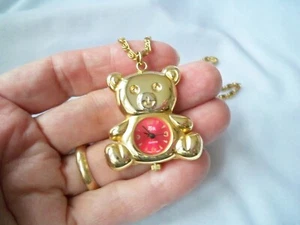 Vintage Bella Moda Red Face Black Dial Teddy Bear Gold Tone Necklace Watch - Picture 1 of 8
