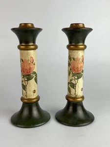 Painted Italy Faux Bronze Candle Stick Holders w/ Faux Antiqued ROSE Decoration - Picture 1 of 2