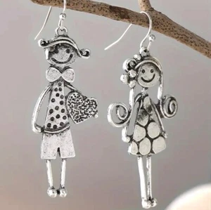 Costume Jewelry Vintage Style Copper Dangle Earrings, Boy and Girl Design - Picture 1 of 2