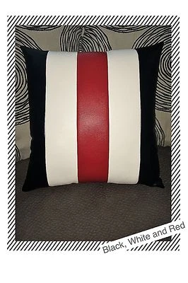 Accent Decorative leather pillow black white red stripes case cushion cover - Image 1 of 3