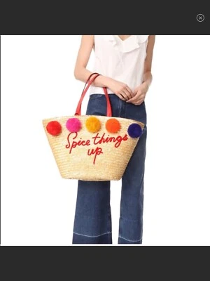 Kate Spade New York Spice Things Up  Pom Pom Tote Leather+ Straw NWT - Image 1 of 4