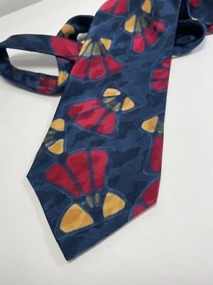 Corbata Robert Daskai pintada y firmada a mano azul marino con diseño floral rojo dorado y tostado Foto 1 de 4
