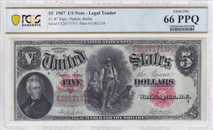 1907 $5 Legal Tender Note 'WoodChopper' - PCGS Banknote Gem Unc 66 PPQ - Picture 1 of 3