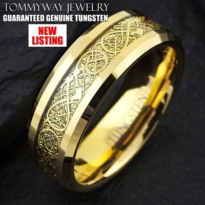 Alianza de boda de dragón celta enchapado en oro de carburo de tungsteno para hombre Foto 1 de 4