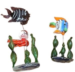Paire de figurines miniatures en verre de lampe poisson sur fil