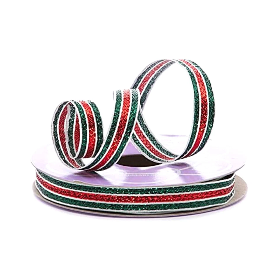 Green and Red Bright Stripe Metallic Ribbon - Wired - 3/8in. X 10Yds (56006402) - Image 1 of 1