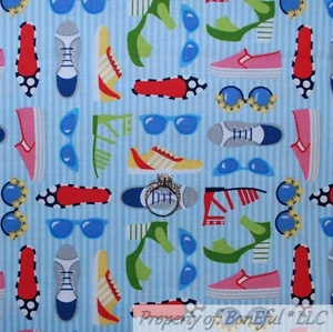 BonEful Fabric FQ Cotton Quilt Blue White Stripe Sport Shoes Boy Girl Sunglasses - Picture 1 of 16