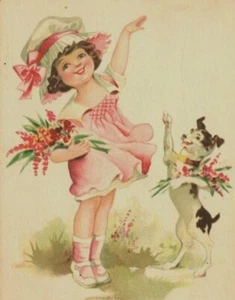Postcard Cute Girl In Big  Hat With Flowers Dog Waving c1917 - Picture 1 of 3