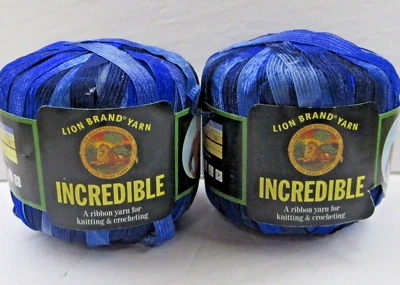 Lion Brand Incredible Ribbon Yarn # 202 Blue Shades Nylon Lot of 2 Cakes Italy - Image 1 of 4
