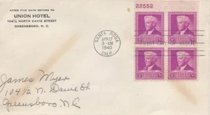 876  3c  LUTHER BURBANK -  FAM -  Union Hotel - Plate block of 4 - Picture 1 of 1