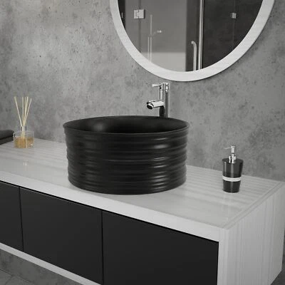 Vasque rond céramique noir mat lavabo à poser sur plan de toilette Ø 410x180 mm - Photo 1/4