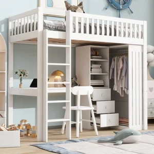 Hochbett 90x200cm Weiß ohne Matratze mit Schreibtisch Kleiderschrank - Bild 1 von 12