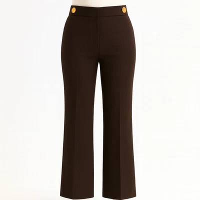 Tory Burch Women’s Brown Wool Blend Trousers Size 4 Gold Logo Button Dress Pants - Image 1 of 4