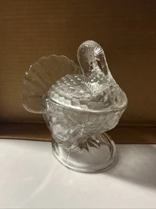 Plato de caramelo cubierto de pavo de vidrio transparente vintage LE Smith compota Acción de Gracias - Imagen 1 de 9