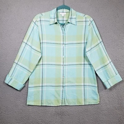 Camisa Charter Club para mujer 8 azul verde a cuadros lino cuello abotonable clásica Foto 1 de 4