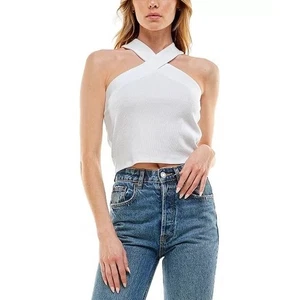 Weißes Neckholder Top Criss Cross ärmellos gerippt Tank Crop Top - Bild 1 von 6