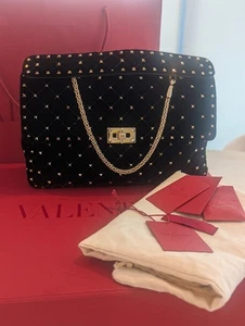 Authentic Valentino Black Quilted Velvet Medium Rockstud Spike Top Handle Bag - Picture 1 of 23