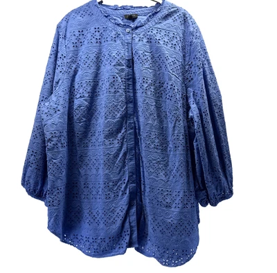 Blusa Talbots Feminina 2X Plus Azul Sólido Forrada de Ilhós 3/4 Mangas Puff 100% Algodão - Imagem 1 de 4